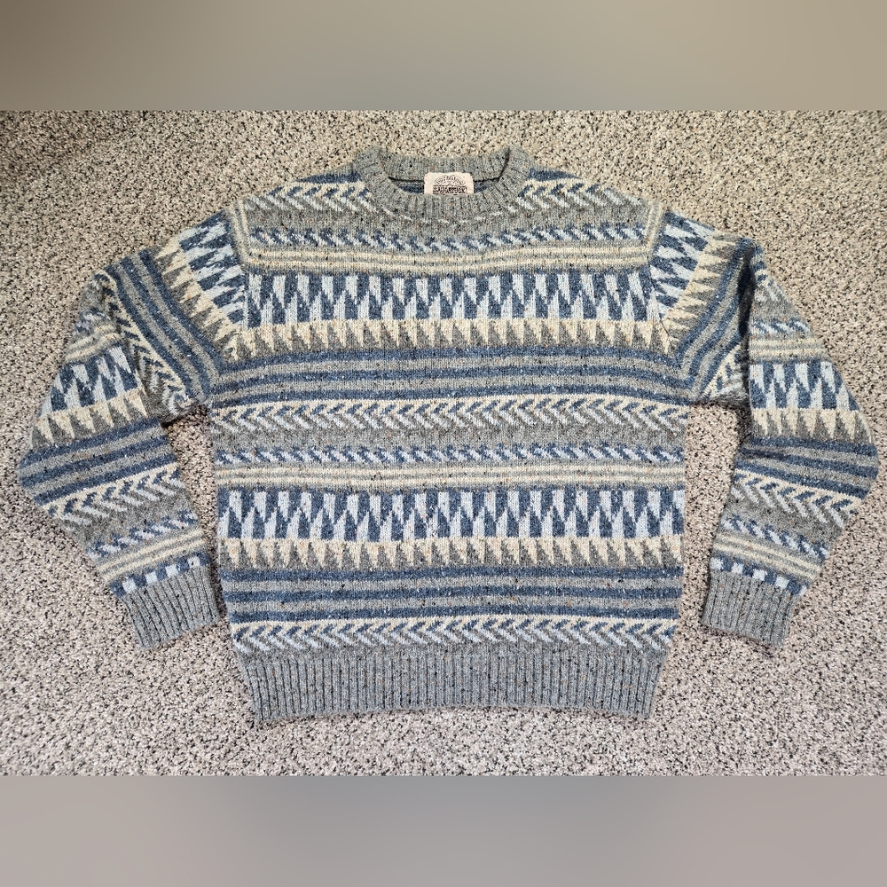VTG Saugatuck Dry Goods Co. Blue & Gray Patterned Wool Blend Sweater Size L EUC